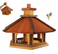 Bird Feeder with Feed Silo, Size XL, Varnish Pine - Rosewood - Mahagony