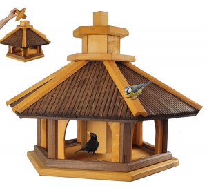 Bird Feeder with Feed Silo, Size XL, Varnish Pine - Rosewood